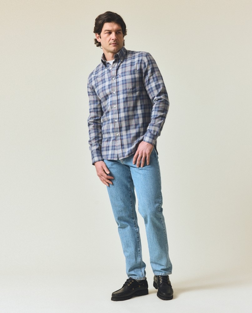 Blue and grey check flannel shirt produced by Entari