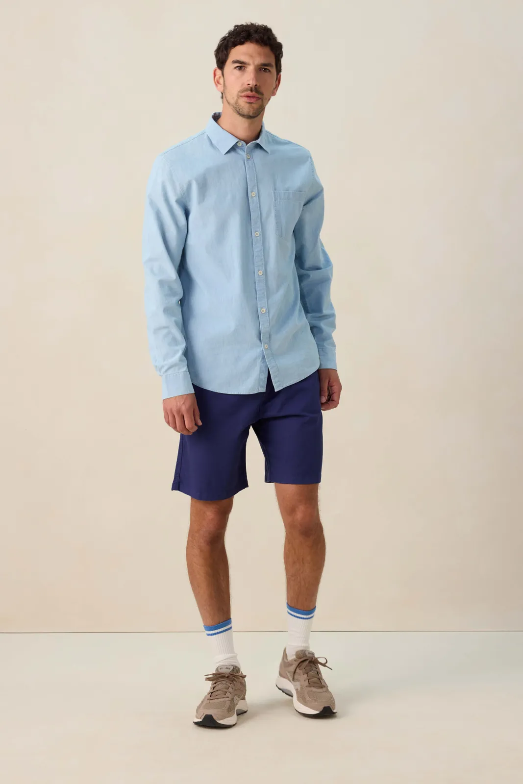 Light blue chambray button-up shirt produced by Entari